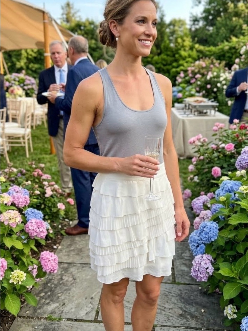 Sleeveless Gray Tank Dress with White Tiered Skirt- Lucy & Co